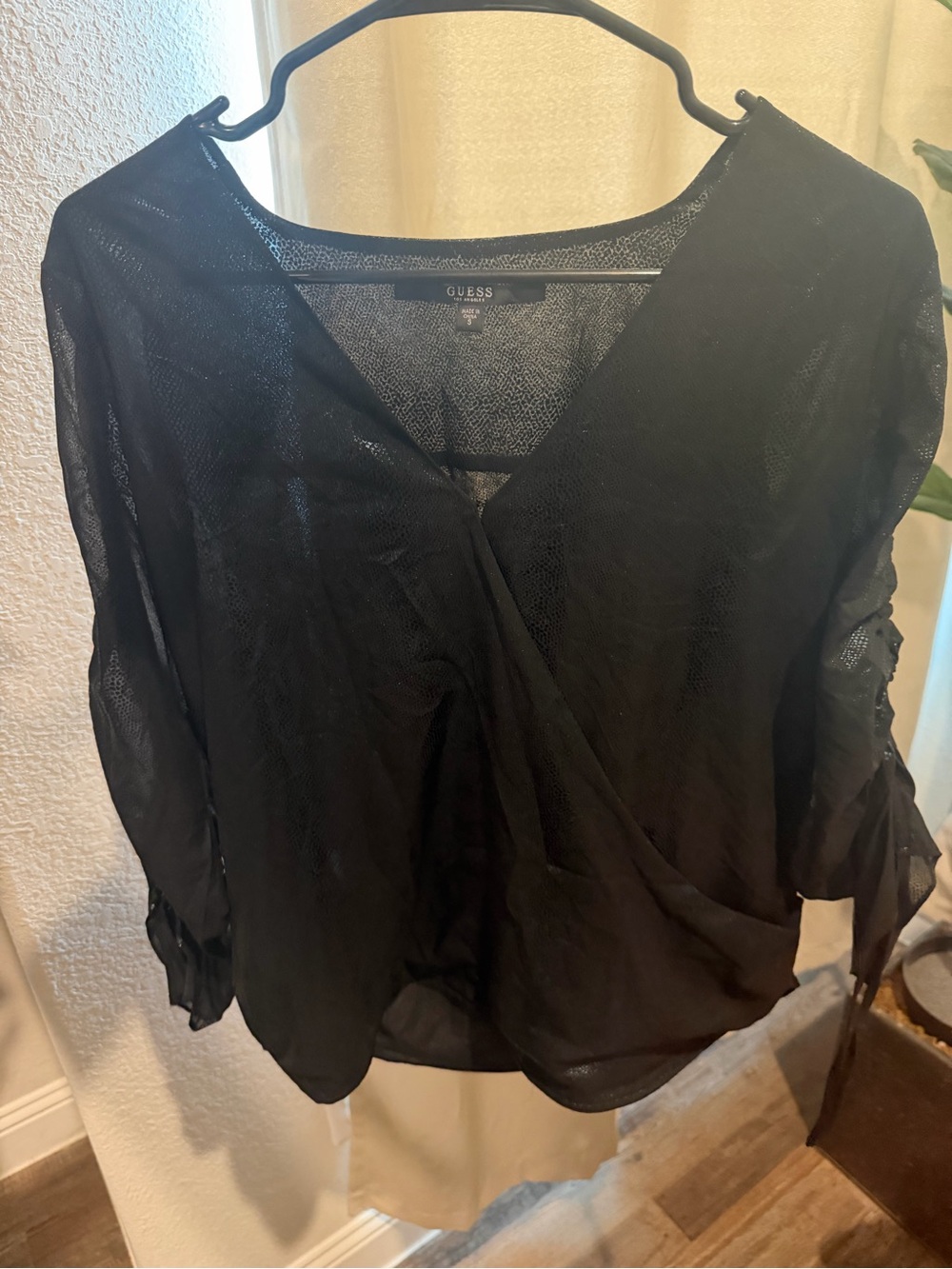 Guess Black Sheer Wrap-Front Blouse size Small New